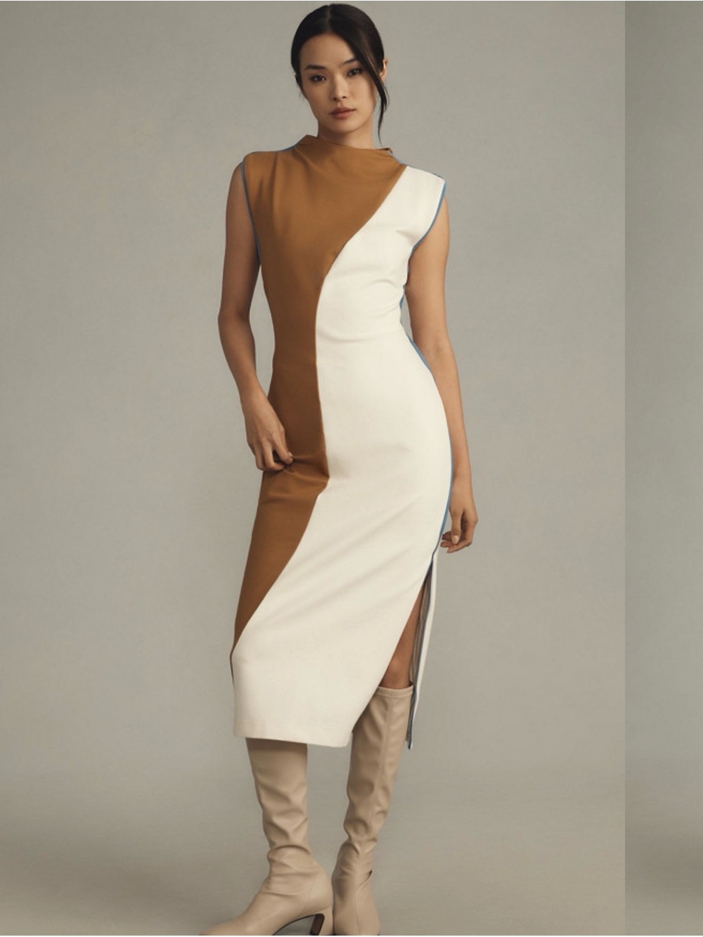 Anthropologie Colorblock Midi Dress in Camel and White